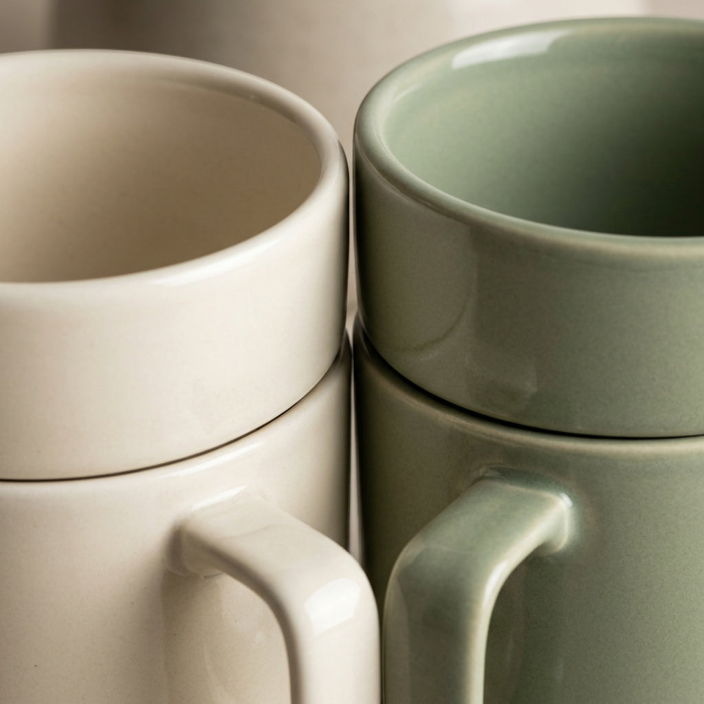 Bovr Stackline Ceramic Coffee Mugs Ivory Sage 11 oz Set of 2 - Detail view