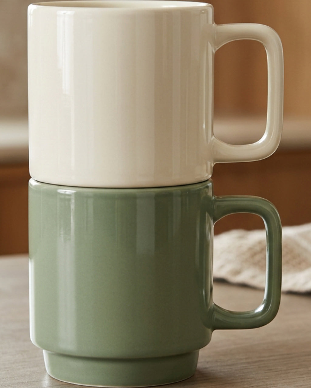 Bovr Stackline Ceramic Coffee Mugs Ivory Sage 11 oz Set of 2 - Lifestyle view