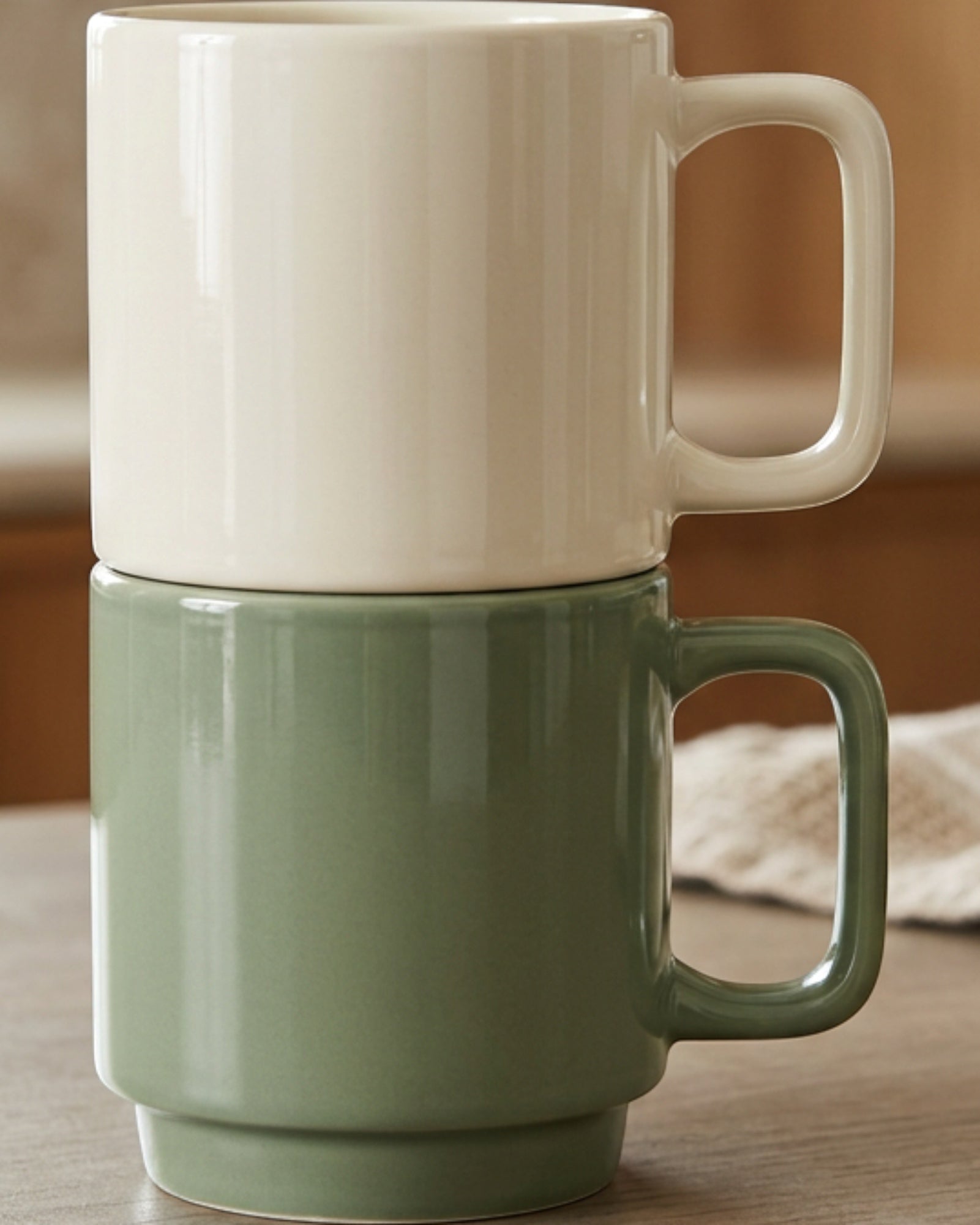 Bovr Stackline Ceramic Coffee Mugs Ivory Sage 11 oz Set of 2 - Lifestyle view